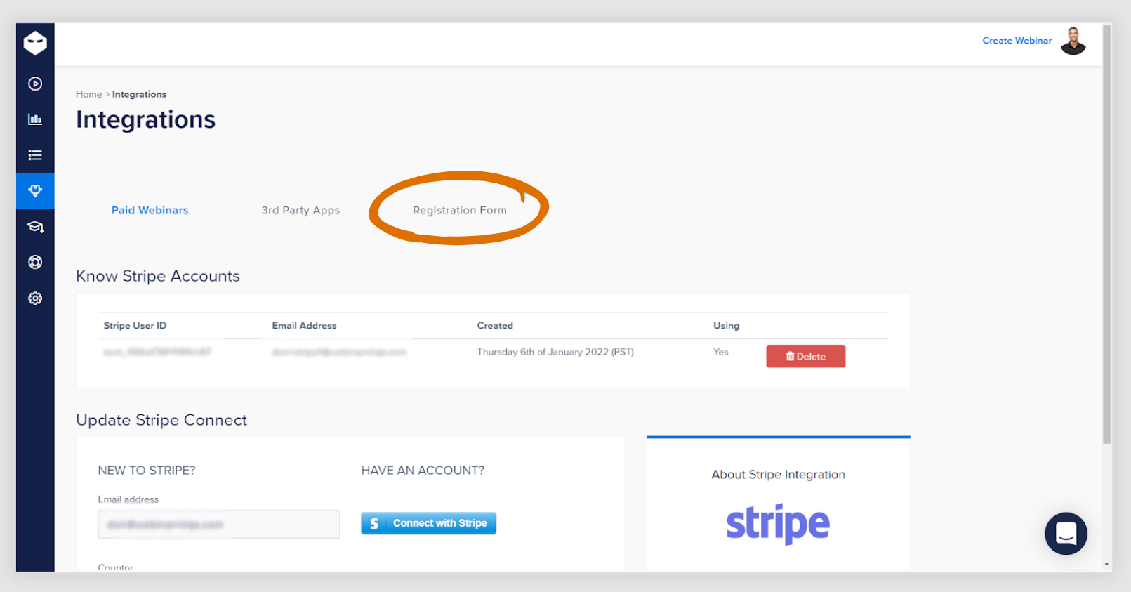 Registration Form tab