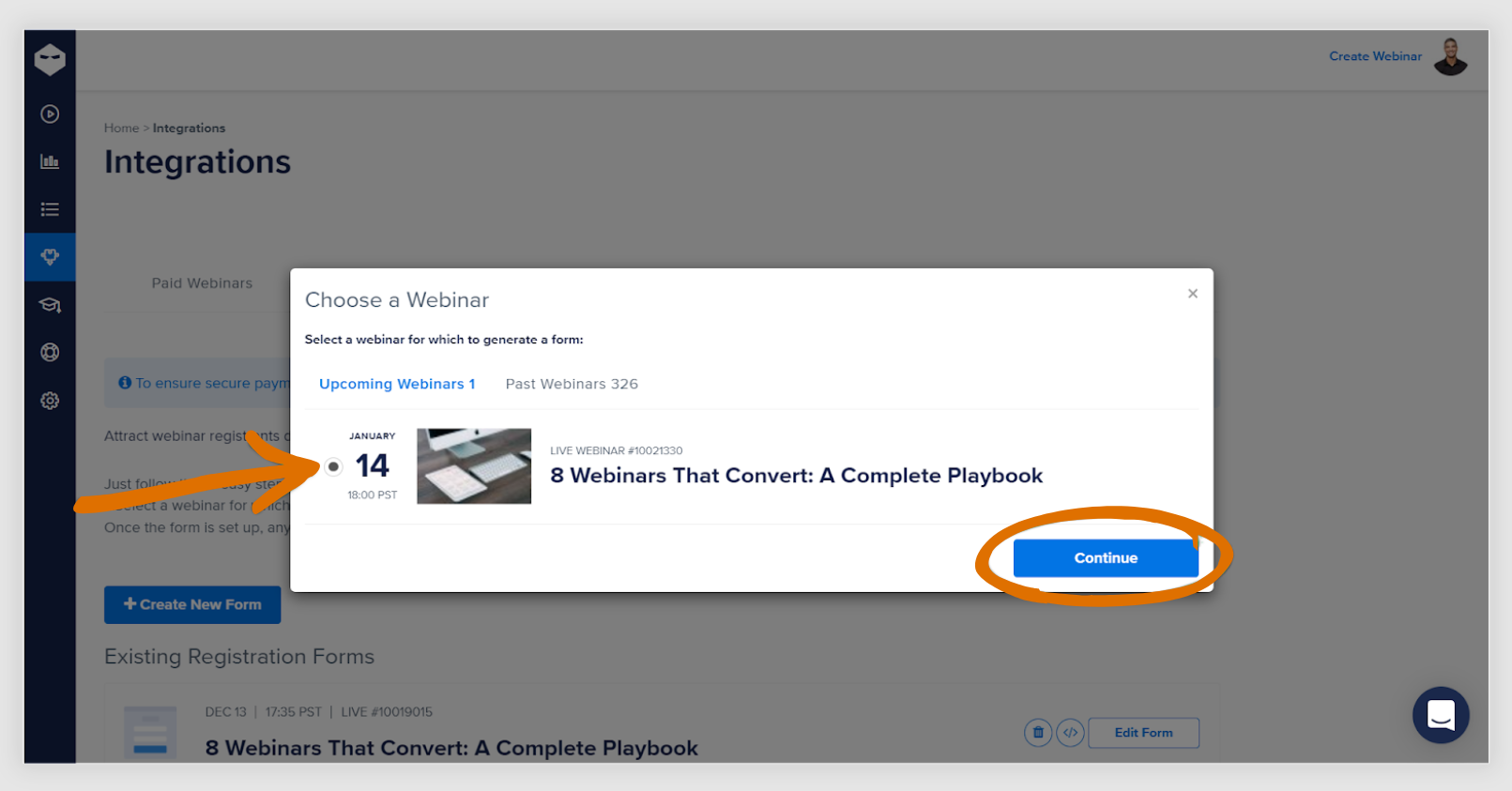 continue button for creating form