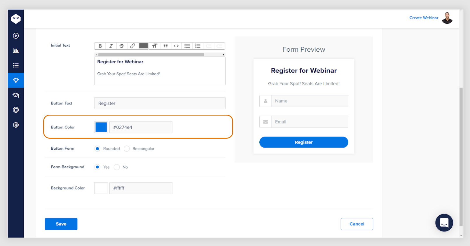 registration button color