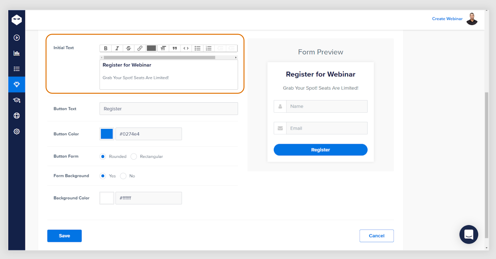 formatting options for registration